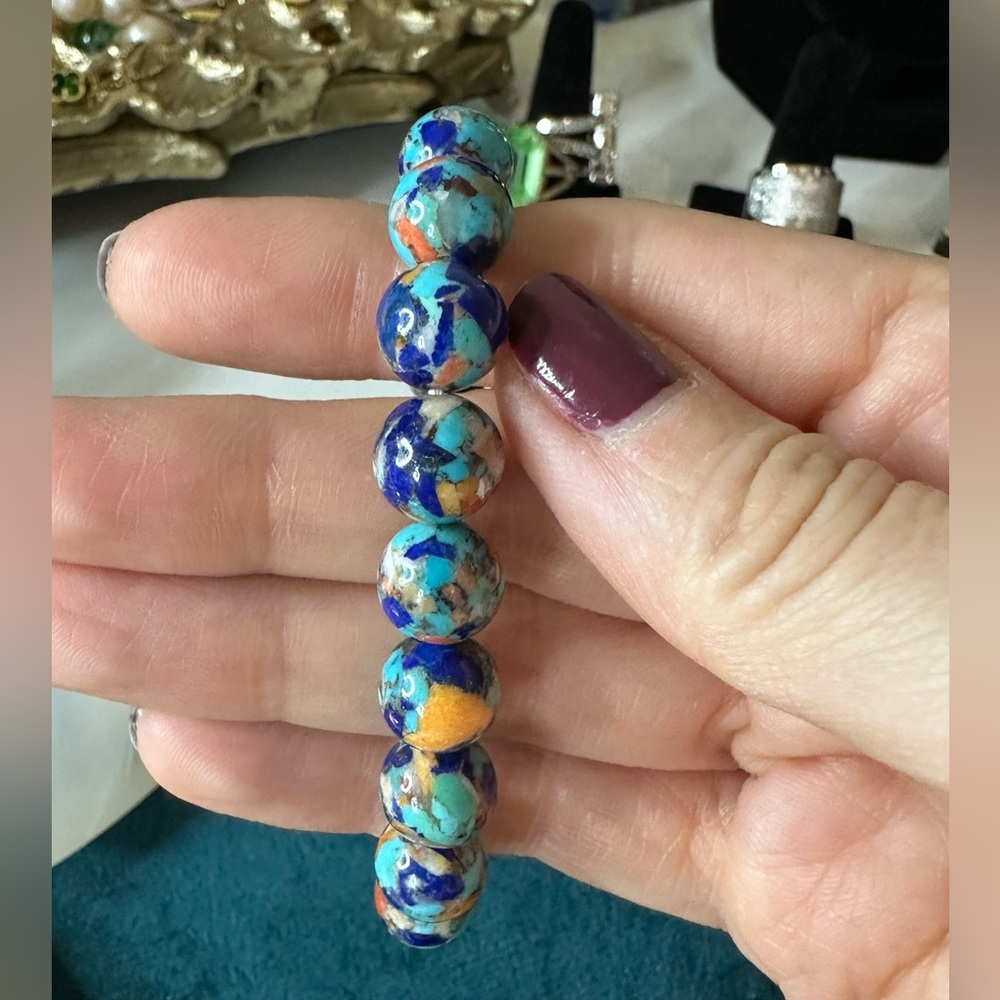 Turquoise Lapis Spiny Oyster Composite Beaded Bracelet 7 inch blue/gold